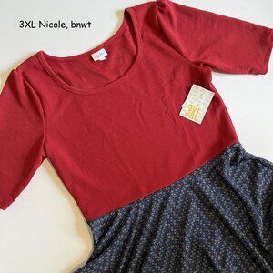 3XL Lularoe Nicole dress, maroon top, blue with flecks on skirt